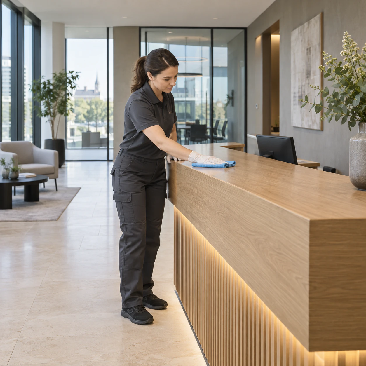 Konzeptmotiv: professionelle Reinigung eines Empfangstresens in einem hellen Büro