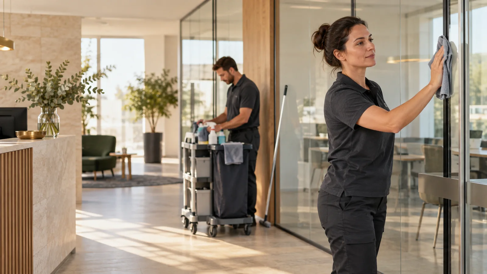 Konzeptmotiv: Reinigungskräfte in einem modernen Büro