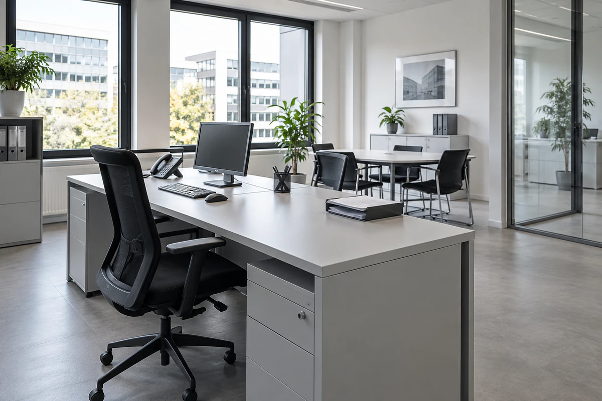 Konzeptmotiv: Helles Büro mit sauberen Arbeitsflächen